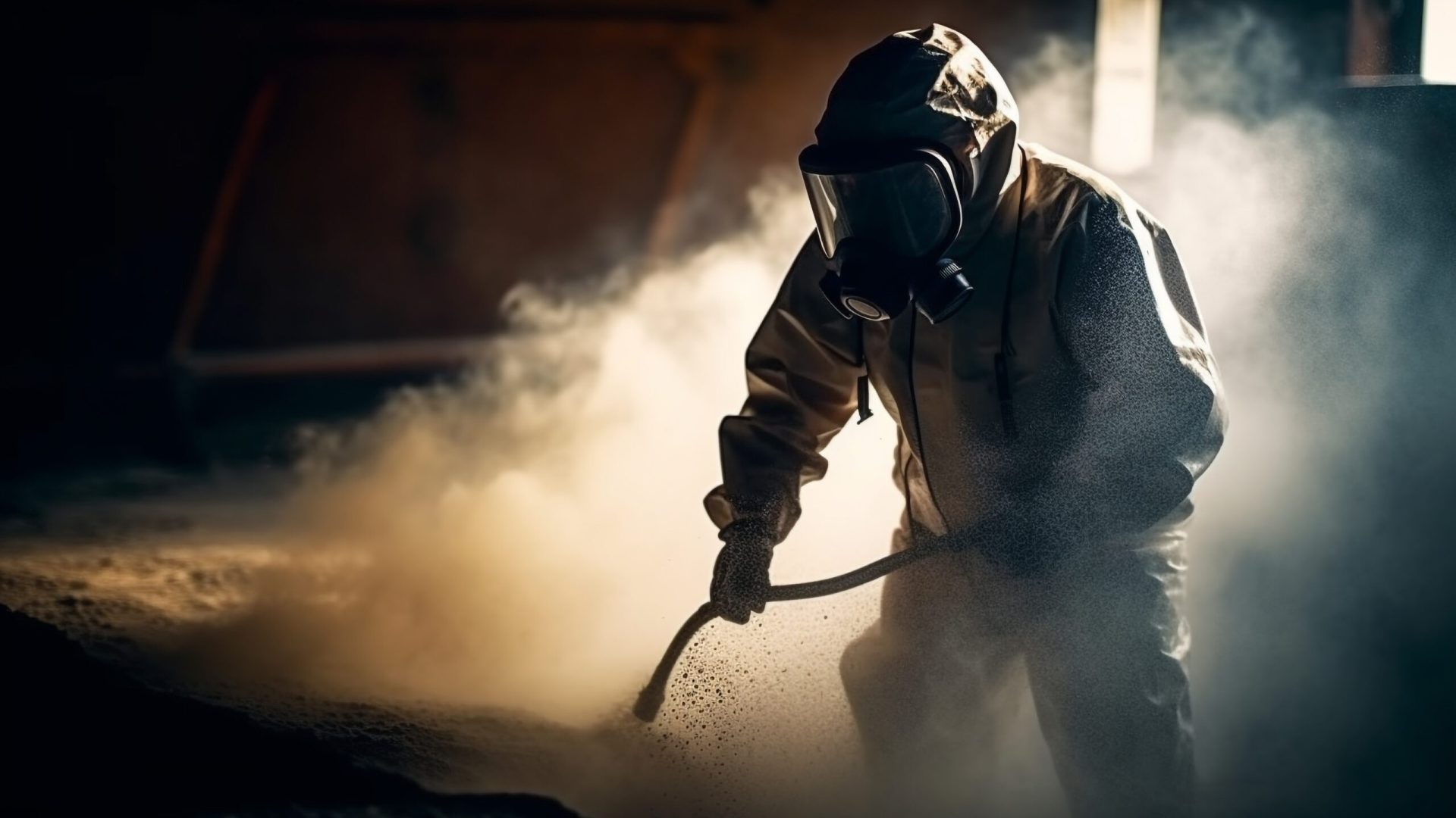 Metal industry worker sprays protective suit at night generated by artificial intelligence